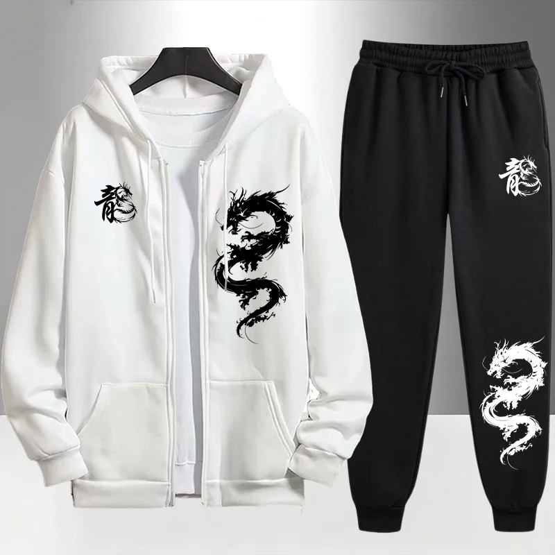 Mens Fashion Urban - طقم رياضي رجالي بطبعة التنين الصيني،