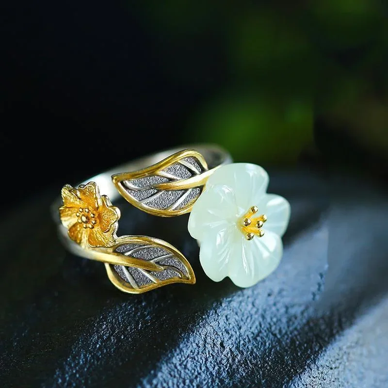 Men'S Fashion Rings - 925 الفضة الأبيض Hetian اليشم زهرة