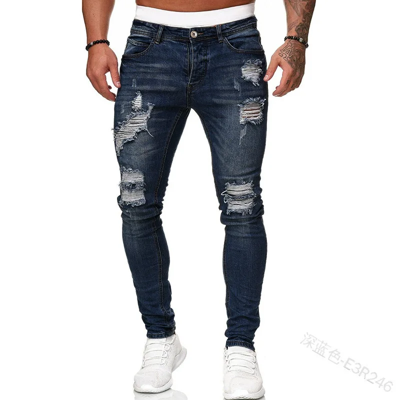 Skinny Jeans Ripped - ممزق الرجال الجينز الدنيم بانت منتصف
