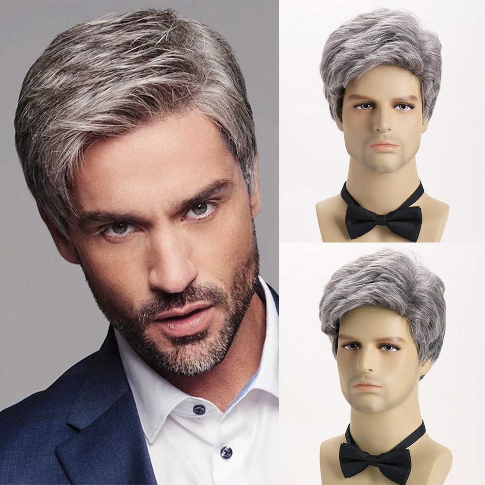 Men Fashion Hair Style - شعر مستعار قصير رمادي فضي صناعي